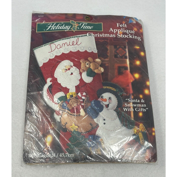 Vtg Holiday Christmas Santa Snowman Felt Applique Stocking Kit - Picture 3 of 4